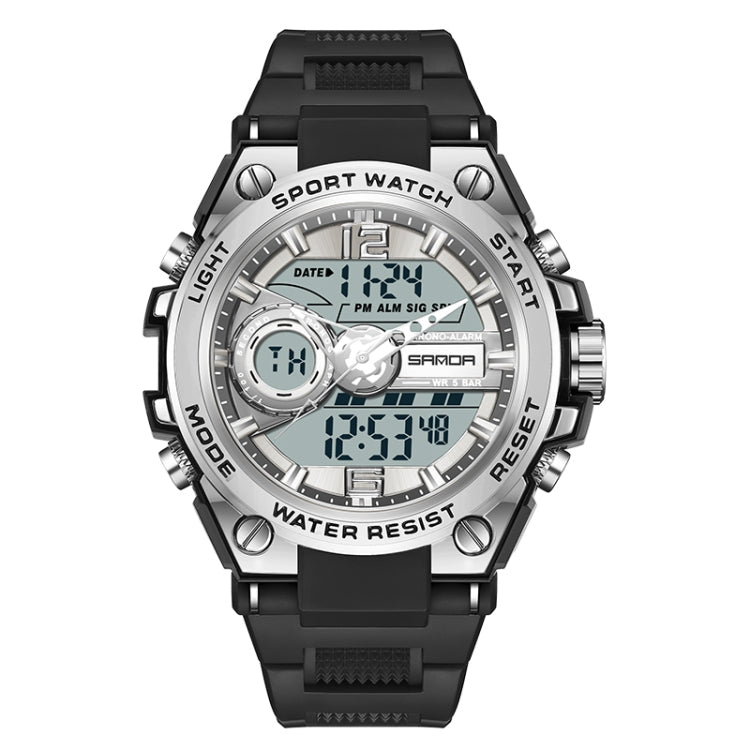 White and black digital sports watch with round bezel, multi-dial display, rubber strap
