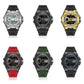 Assorted color digital sports watches set on a white background, round bezel, silicone straps