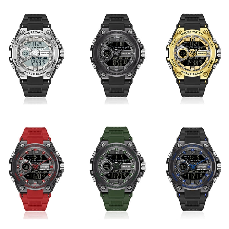 Assorted color digital sports watches set on a white background, round bezel, silicone straps