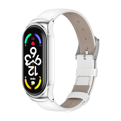 Genuine leather watch band with metal case, white strap and silver frame.