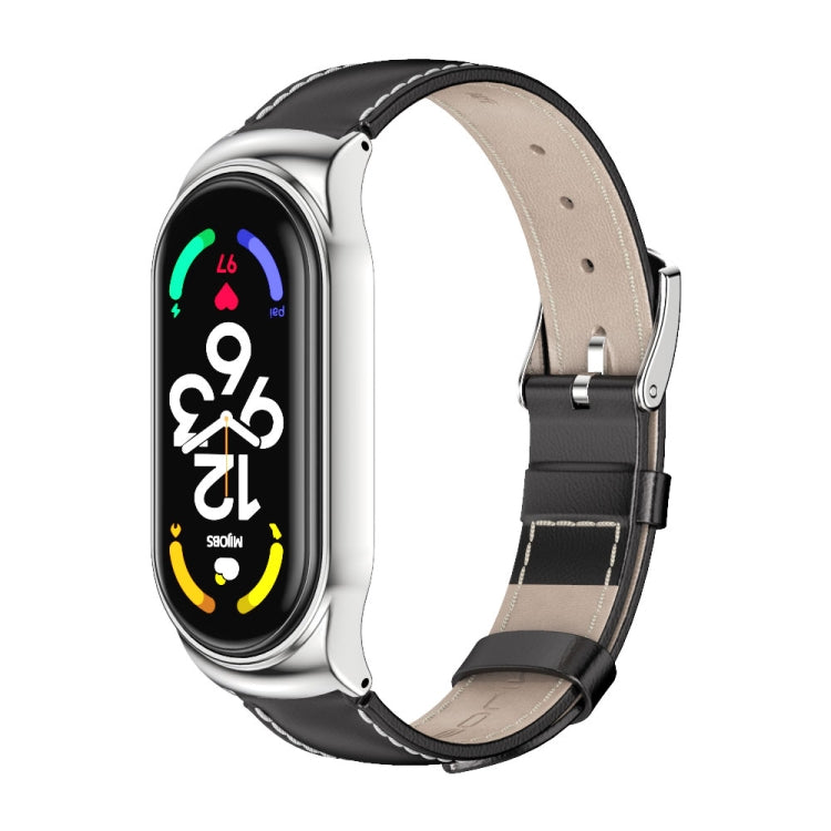 Genuine leather watch band with metal case, black strap and silver watch frame.