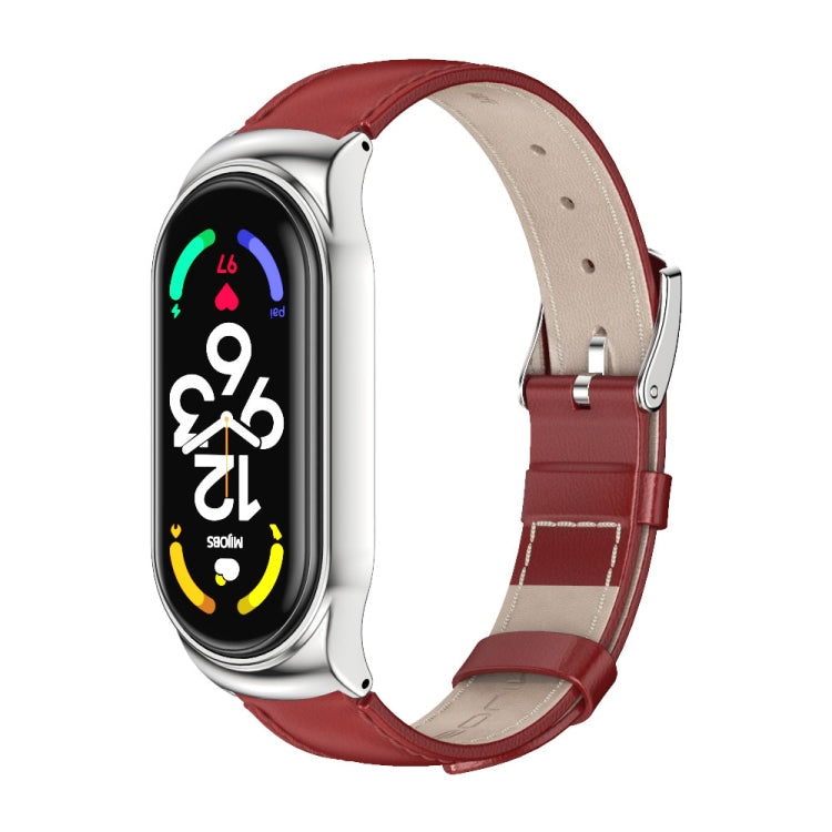 Genuine leather watch band with metal case, red strap and silver frame.