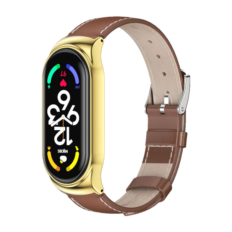 Genuine leather watch band with metal case, brown strap and gold frame.