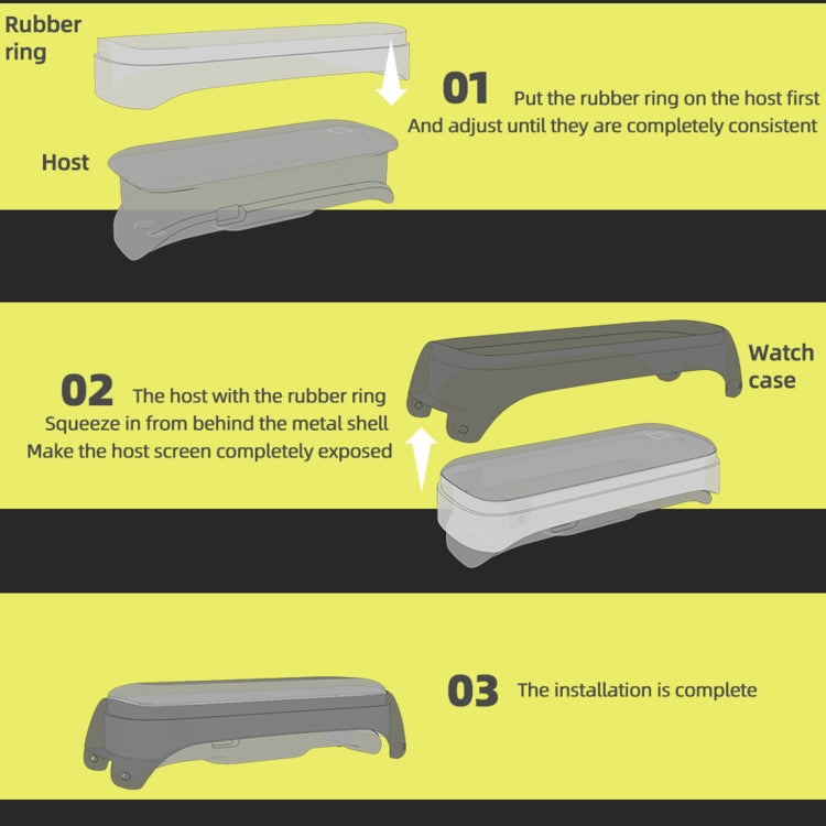 Watch band installation diagram showing rubber ring placement and watch case fitting