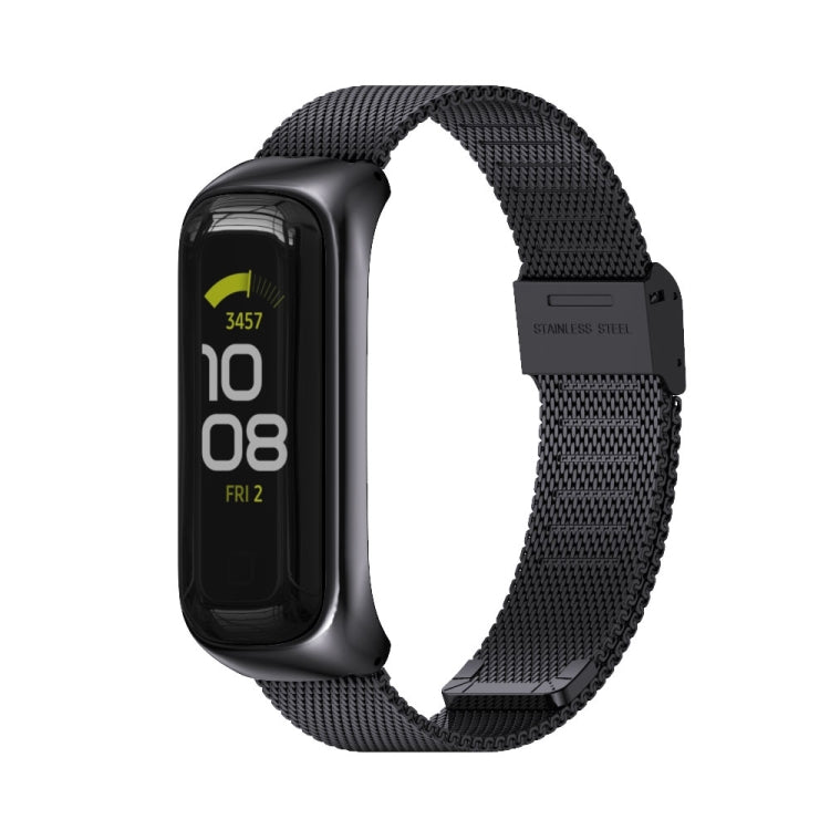 Black stainless steel mesh watch band with buckle clasp for fitness tracker.