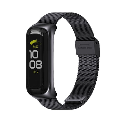 Black stainless steel mesh watch band with buckle clasp for fitness tracker.