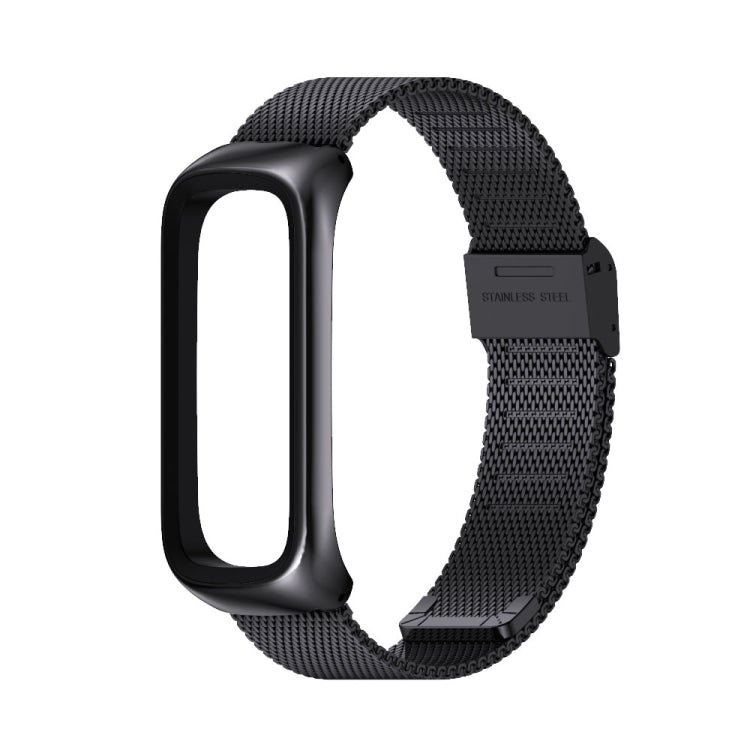 Black stainless steel mesh watch band with buckle clasp for fitness tracker.