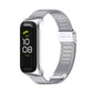 Silver stainless steel mesh watch band with buckle clasp for fitness tracker.