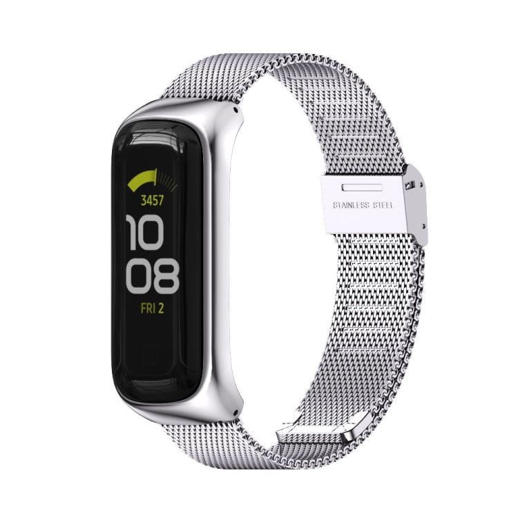 Silver stainless steel mesh watch band with buckle clasp for fitness tracker.