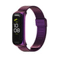 Purple stainless steel mesh watch band with buckle clasp for fitness tracker.