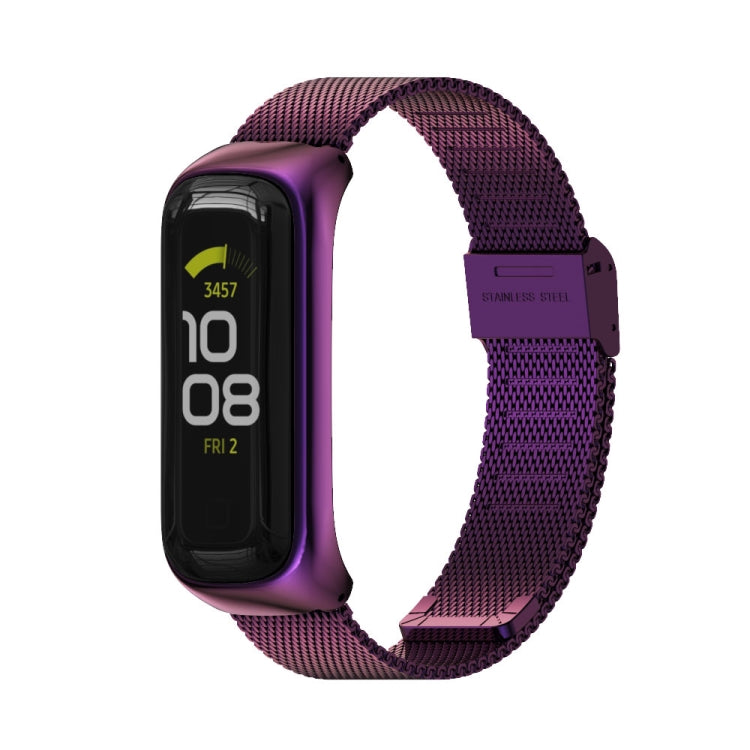 Purple stainless steel mesh watch band with buckle clasp for fitness tracker.