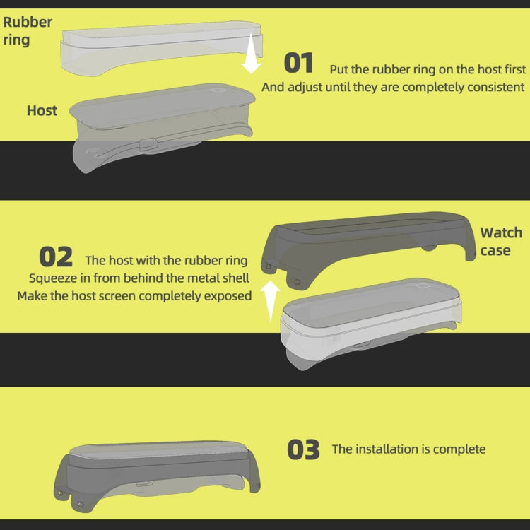 Watch band installation diagram showing host, rubber ring, and watch case steps.