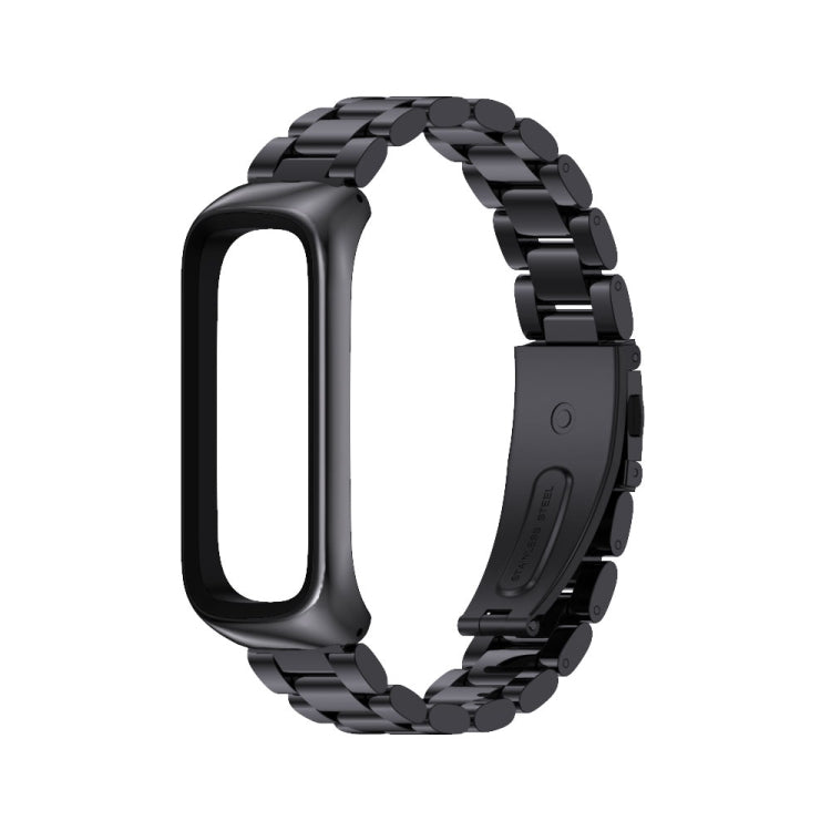 Three-bead metal watch band in black, shown from the side with linked bracelet