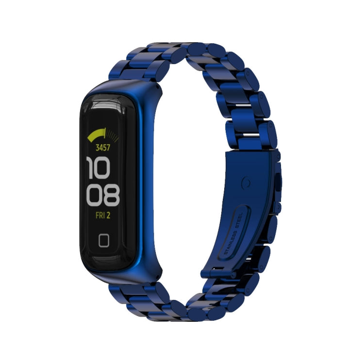 Three-bead metal watch band in blue with a slim watch case and glossy linked links
