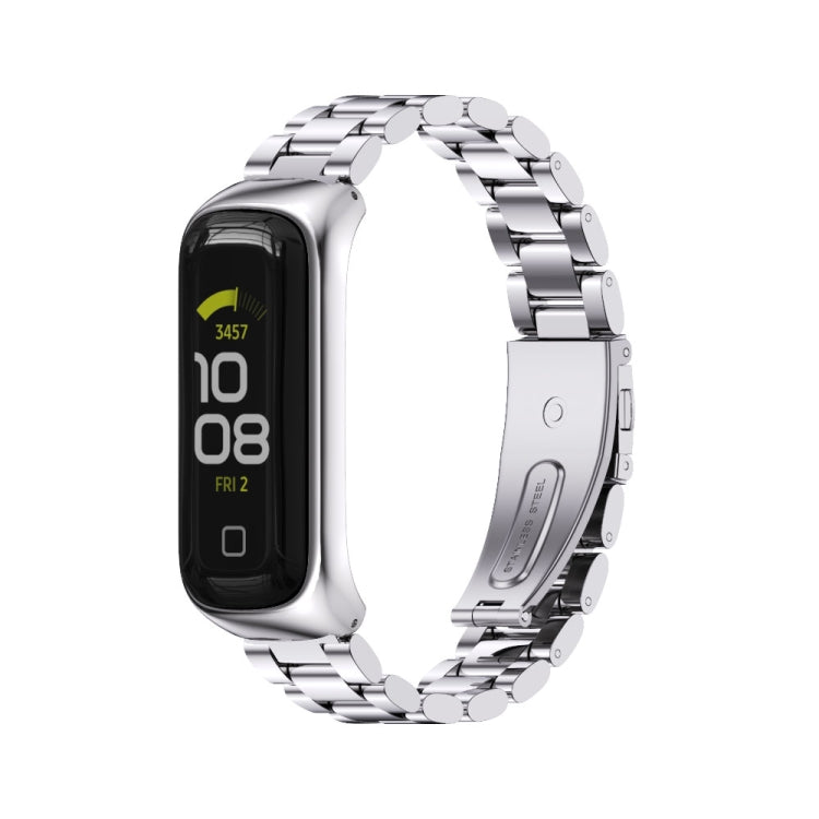 Three-bead metal watch band in silver with a linked bracelet and black watch case