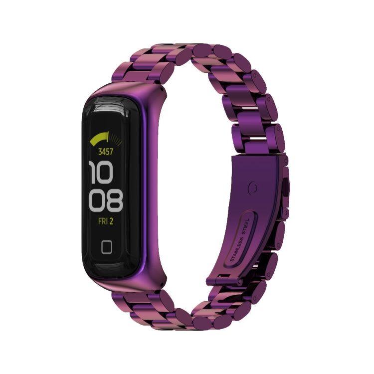 Three-bead metal watch band in purple with a linked bracelet and black watch case