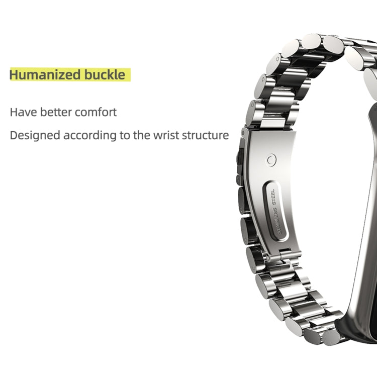 Three-bead metal watch band with stainless steel links and buckle clasp, silver tone