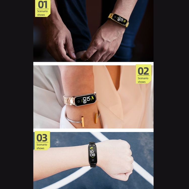 Three-bead metal watch band shown on a wrist with a secure buckle clasp