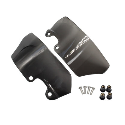 Motorcycle side windshields, dark gray tinted, with mounting holes and screws