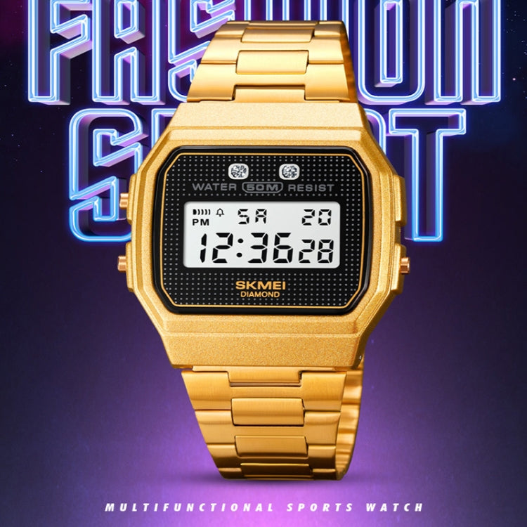 Gold digital sports watch with square resin case and linked metal bracelet, display visible