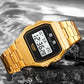 Gold digital sports watch close-up with square LCD face and linked metal bracelet