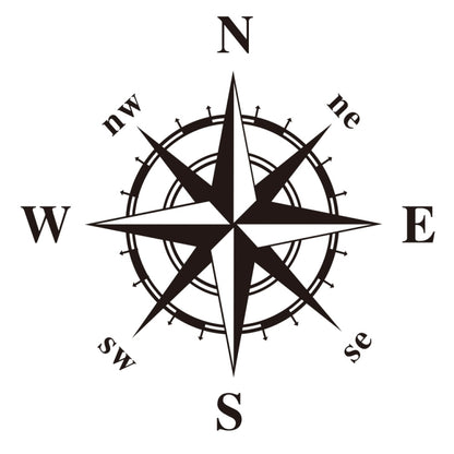 Black compass rose decorative sticker with N, E, S, W and circular degree ring