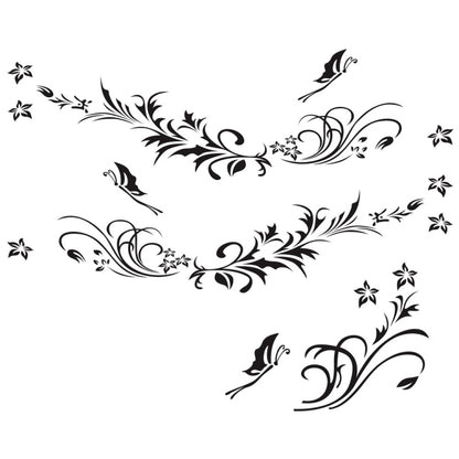 Car butterfly and floral decorative sticker, black vine scroll pattern on white background.