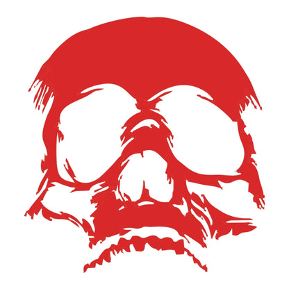 Red evil skull decorative sticker with white facial highlights on circular decal.