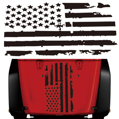 American flag car decorative sticker on red front hood with vertical stripe and star pattern