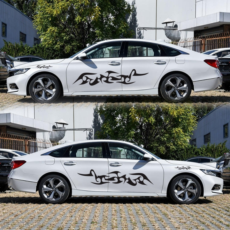 Flame pattern car sticker on white sedan: black tribal flame decal across the side