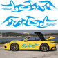 Flame pattern car sticker set with blue tribal flames on a yellow sports car
