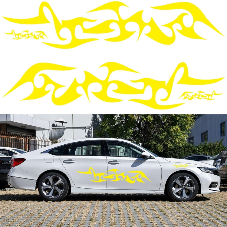 Flame pattern car sticker set with yellow tribal flames on a white sedan