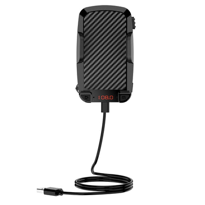 Car Bluetooth audio transmitter with display, carbon-fiber textured body and USB cable
