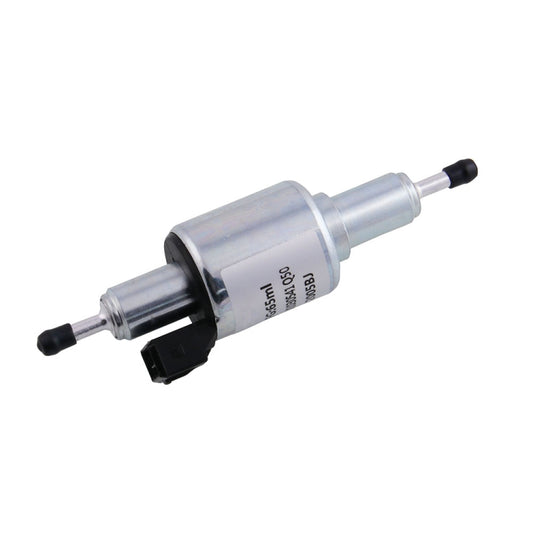 Diesel fuel pump with silver cylinder body and black electrical connector, inline nozzle