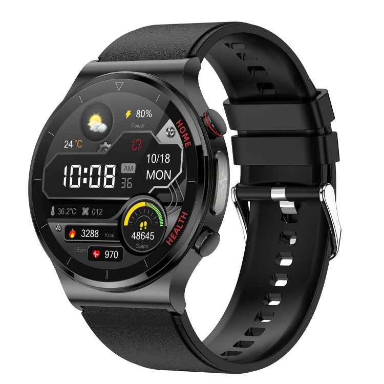 Smartwatch with black TPU strap, round dial showing time and health icons.