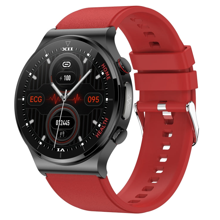 Smartwatch with red TPU strap, round screen showing ECG and health stats.