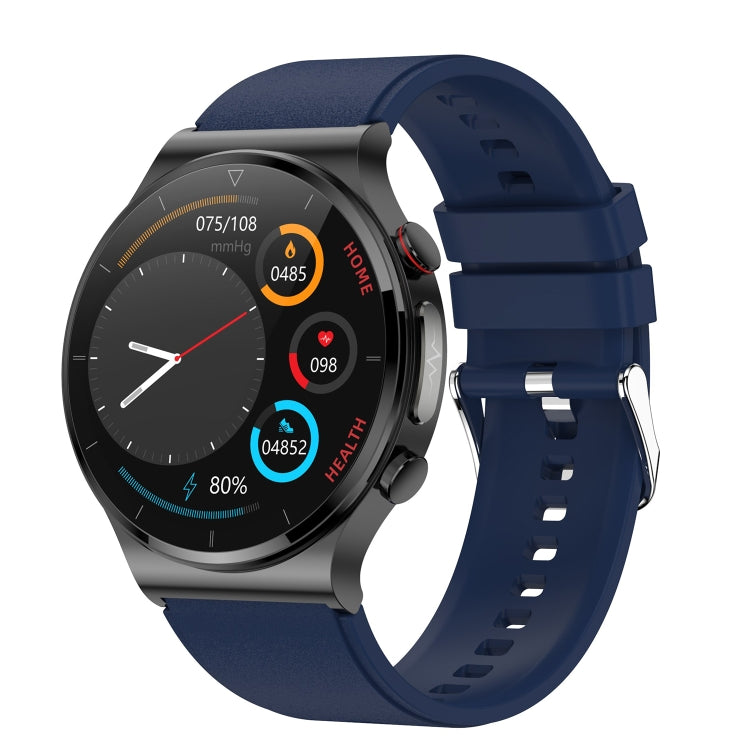 Smartwatch with blue TPU strap, round screen with heart and blood pressure metrics.