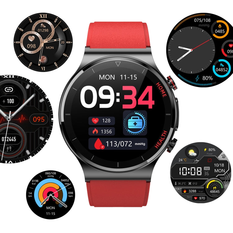 Smartwatch with red TPU strap, 09:34 display and health icons on round screen.