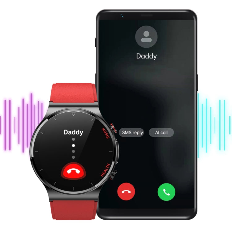 Smartwatch with red TPU strap, circular screen with call icons and health status.