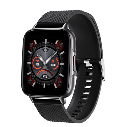 Square smartwatch with black textured silicone strap, front corner view and side buttons