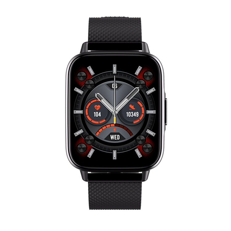 Square smart health watch with black silicone strap, dark display with red and white indicators