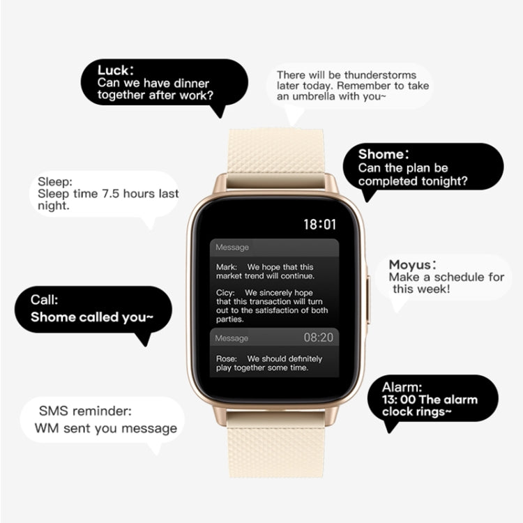 Square smartwatch on beige band showing messages on screen, notification chat bubbles