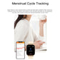 Square smartwatch with beige strap showing menstrual tracking on display