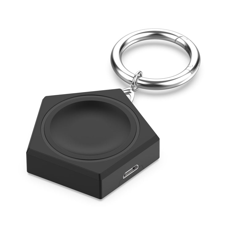 Black universal smart watch charging dock with keychain ring, front oval contact