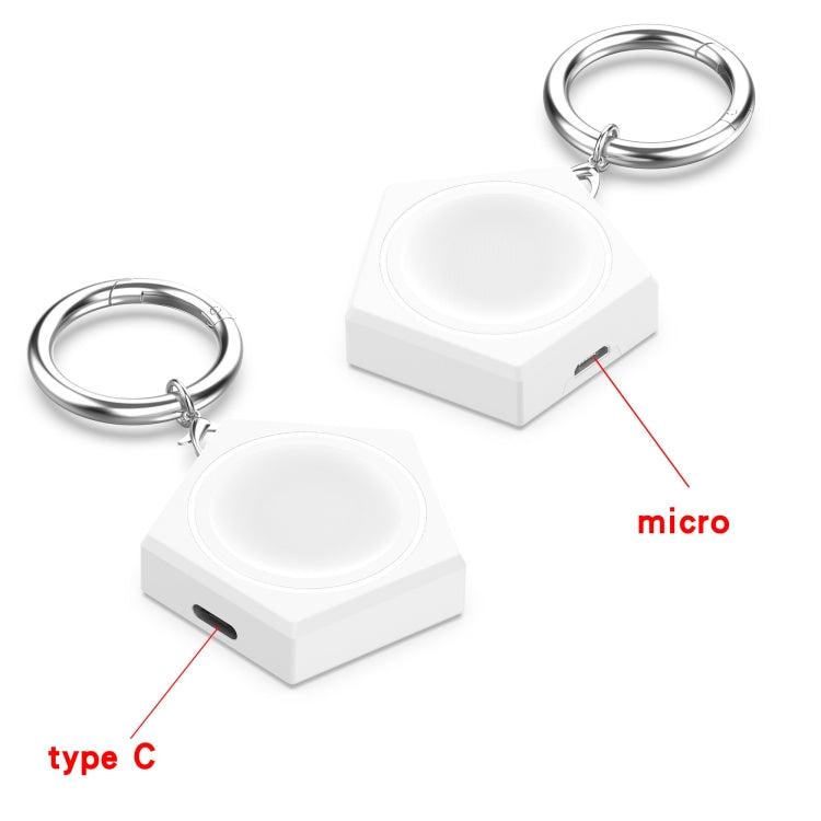 White universal smart watch charger keychain showing micro and Type C port
