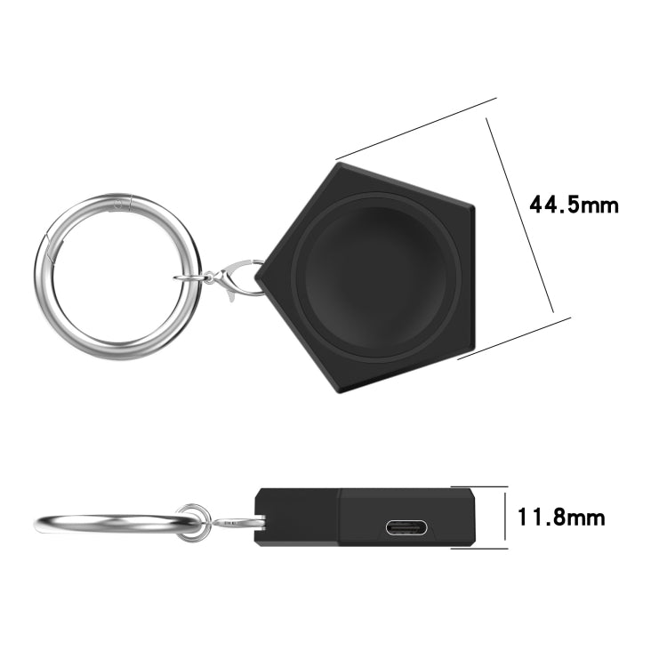 Black universal smart watch charger keychain with size labels 44.5mm and 11.8mm