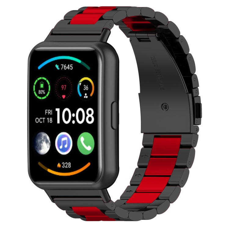 Three-bead stainless steel watch band, black with red center links