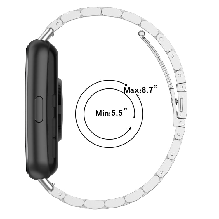 Three-bead metal watch band fit guide: min 5.5in, max 8.7in wrist size