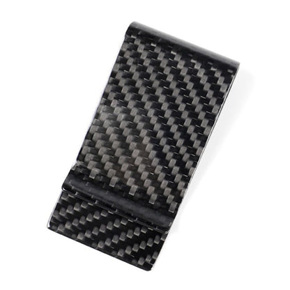Black carbon fiber card holder with woven pattern, angled view