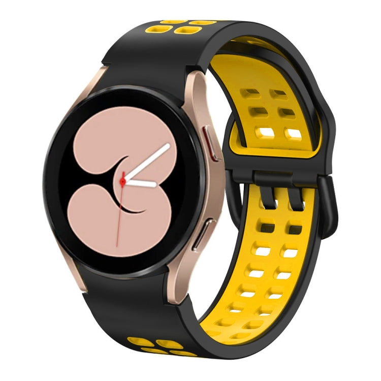 Two-color silicone watch band with double-row holes, black outer and yellow inner strap.